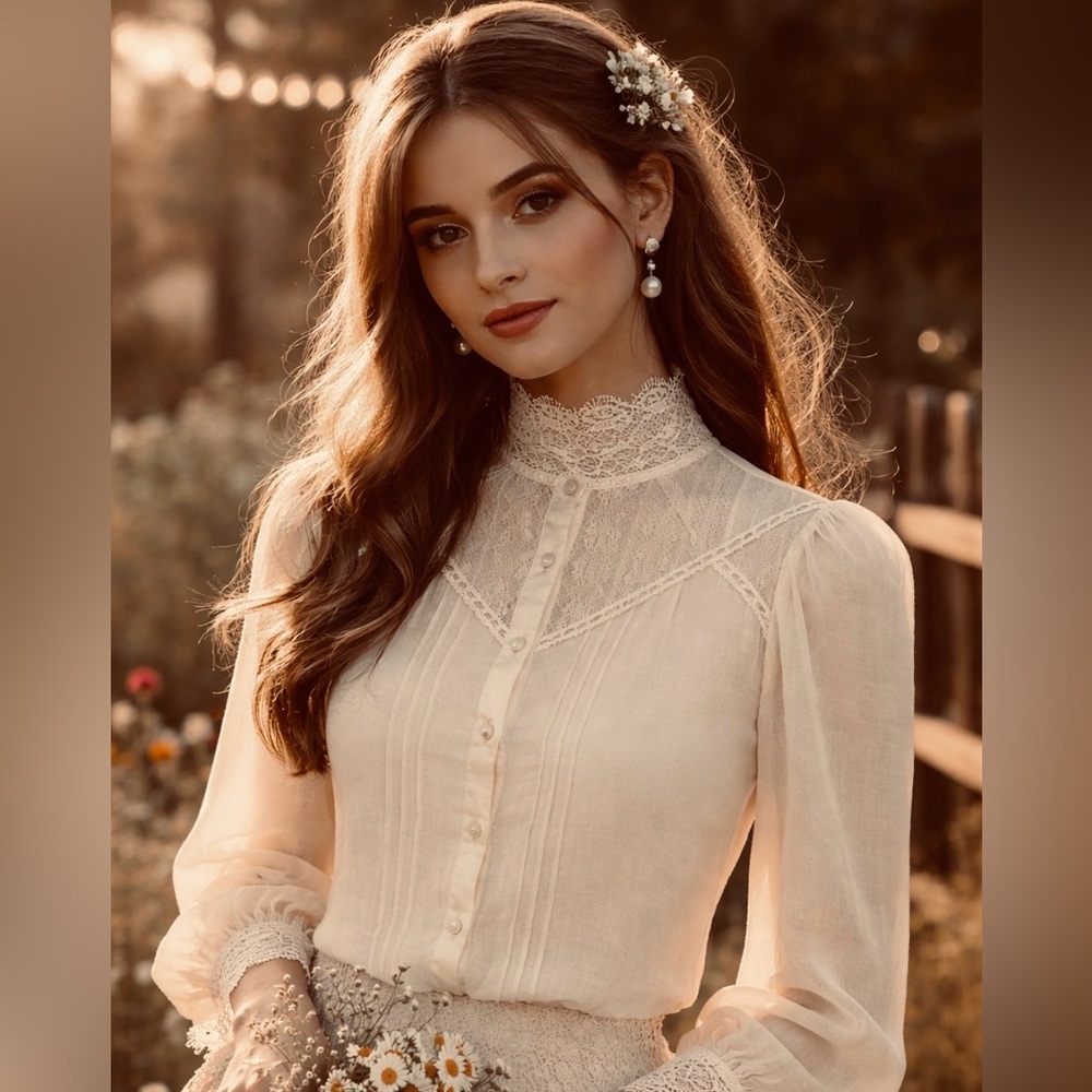 Gunne Sax - voile:lace - Light Cream Edwardian style Prairie Blouse